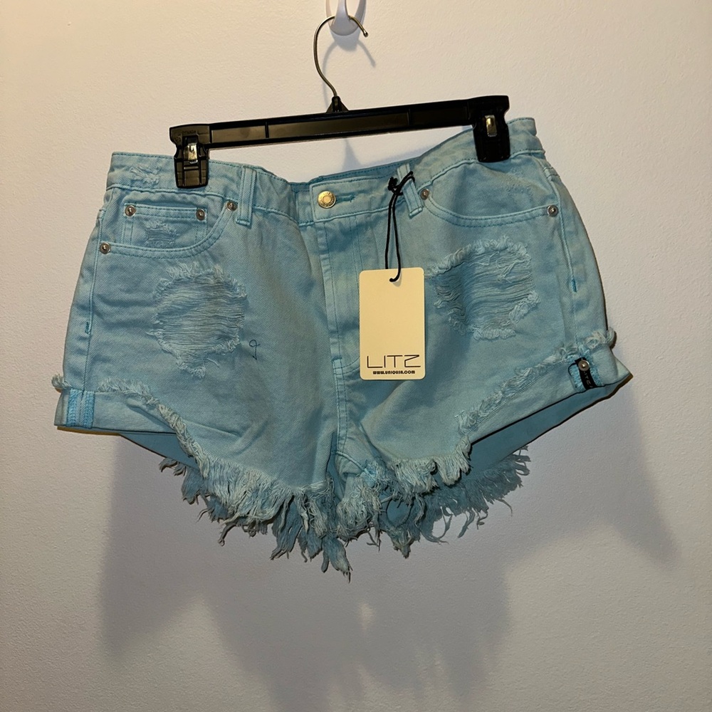 LITZ Light Blue Distressed Denim Shorts